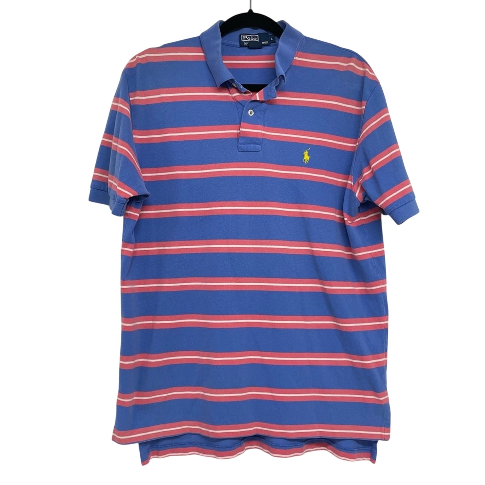 Polo Ralph Lauren Blue & Pink Striped Short Sleeve Polo Shirt Mens L Casual Golf